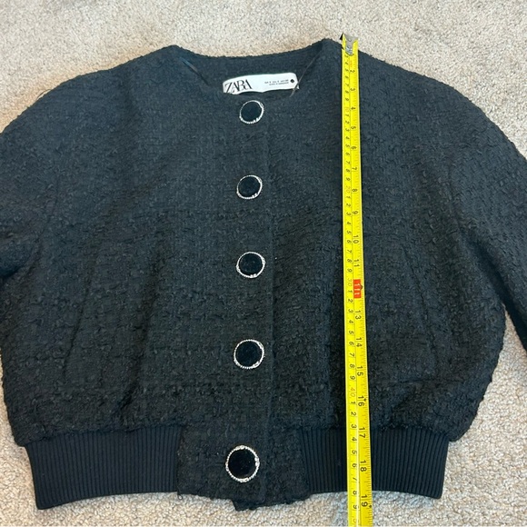 Zara Black tweed bomber jacket velvet button front Sz S - Picture 9 of 13